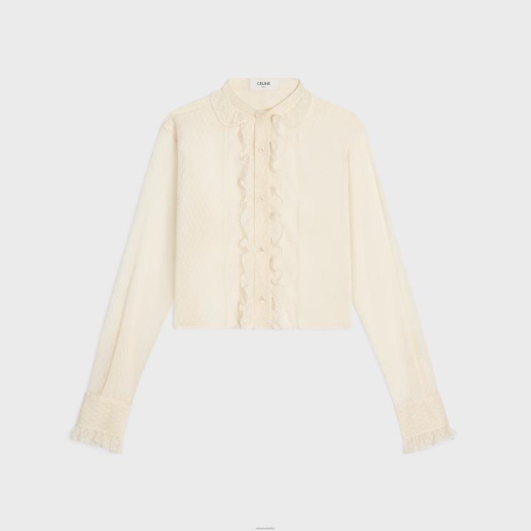 CELINE Creme Romy Cropped Shirt in Lace & Cotton R0ZNN579