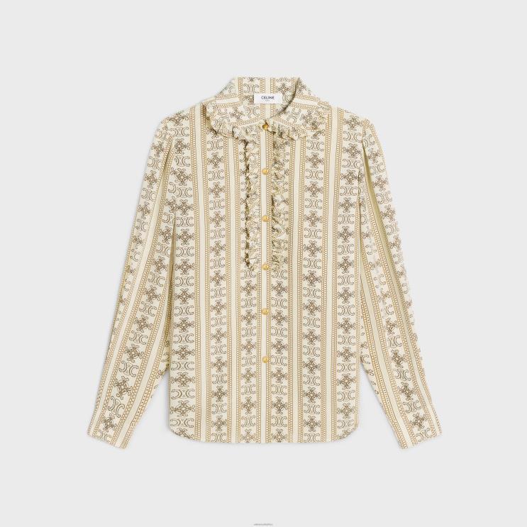 CELINE Ivoire/Toffee/Marron Glace Frill Blouse in Crepe De Chine R0ZNN578