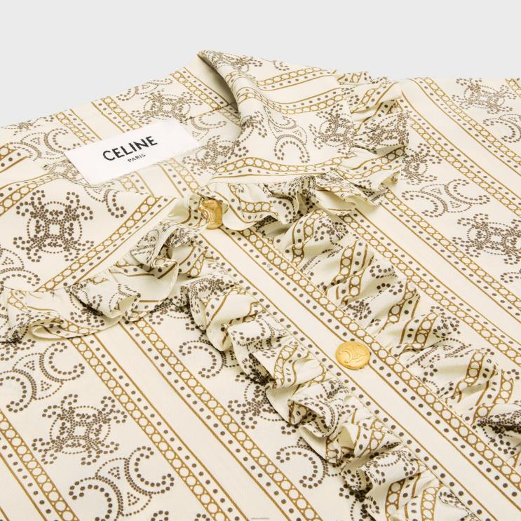 CELINE Ivoire/Toffee/Marron Glace Frill Blouse in Crepe De Chine R0ZNN578