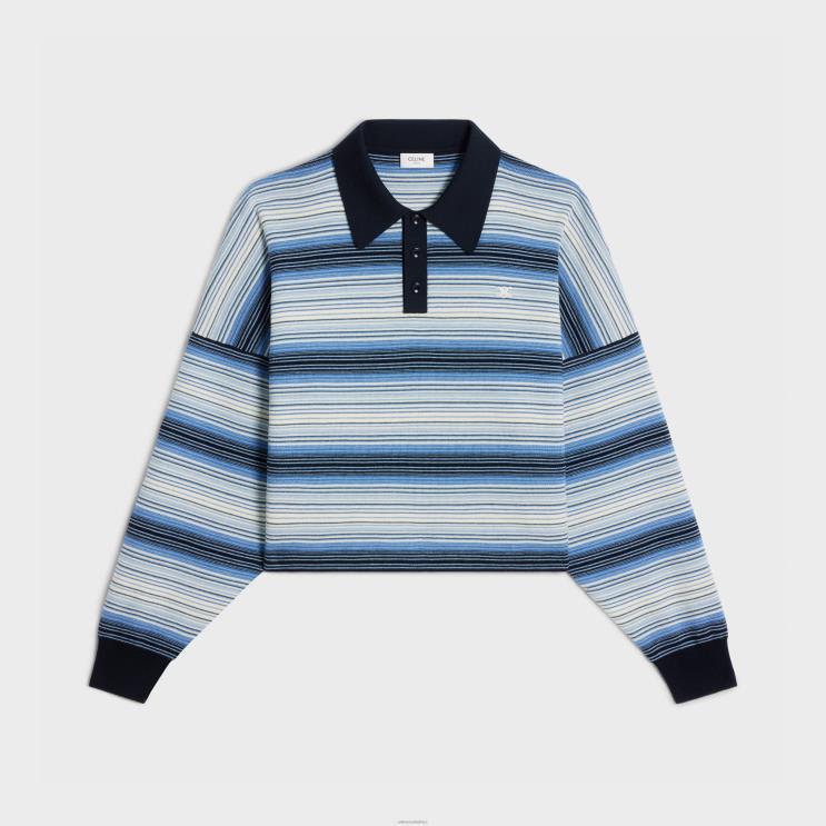 CELINE Light Blue Triomphe Polo Shirt in Striped Wool R0ZNN612