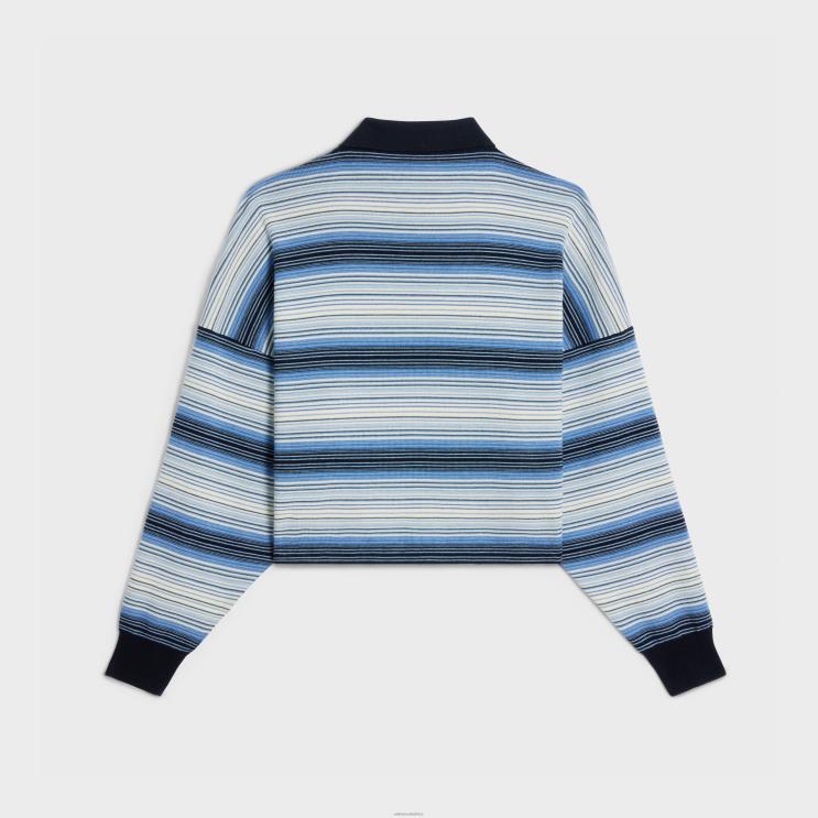 CELINE Light Blue Triomphe Polo Shirt in Striped Wool R0ZNN612