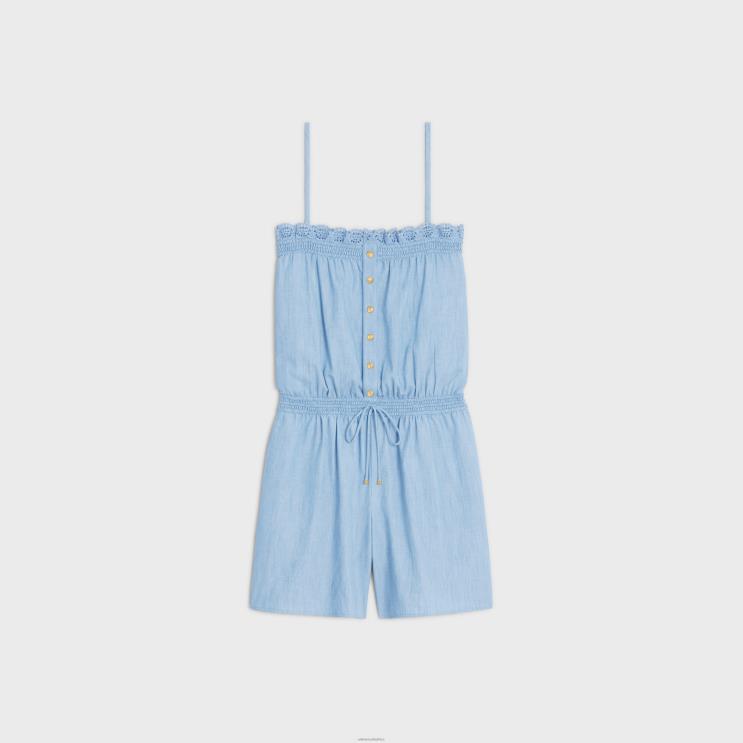 CELINE Navy/Denim Blue Smocked Playsuit in Washed Chambray R0ZNN890