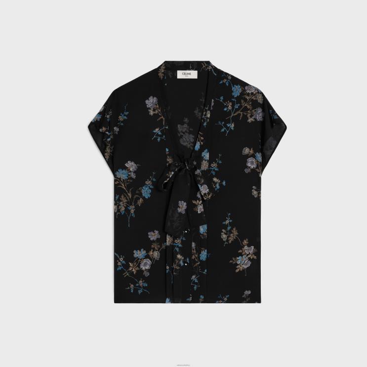 CELINE Noir/Bleu Lavalliere Blouse in Silk Georgette R0ZNN841