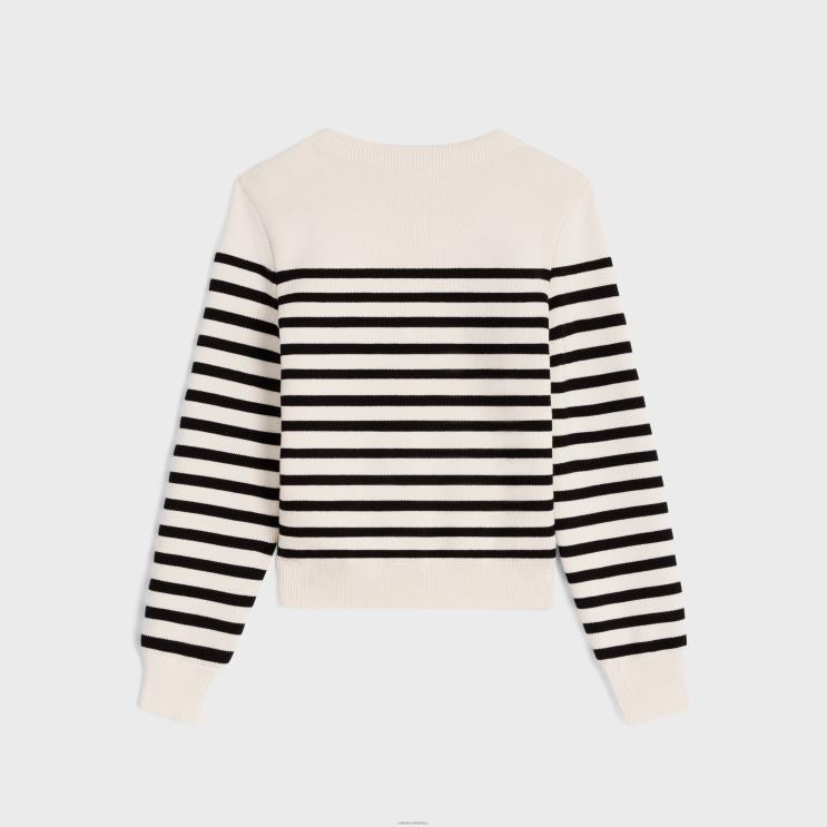 CELINE Off White/Black Crew Neck Mariniere Sweater in Cotton R0ZNN564