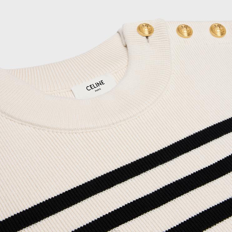 CELINE Off White/Black Crew Neck Mariniere Sweater in Cotton R0ZNN564