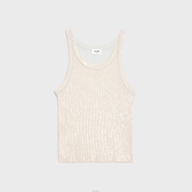 CELINE Off White Embroidered Tank Top in Ribbed Silk R0ZNN570