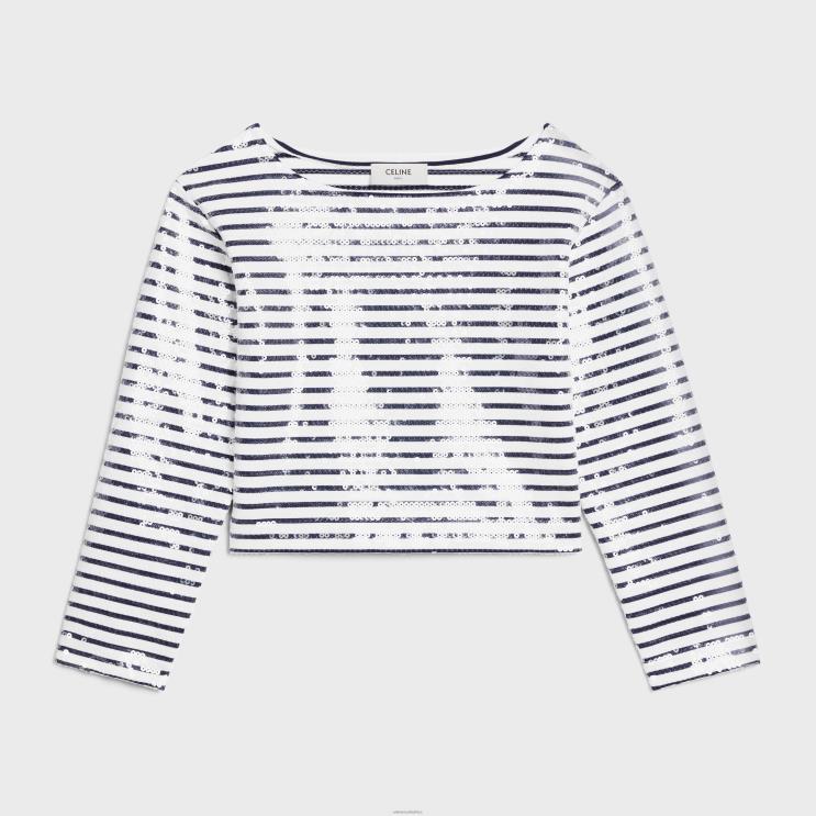 CELINE Off White/Navy Embroidered Mariniere in Cotton Jersey R0ZNN846