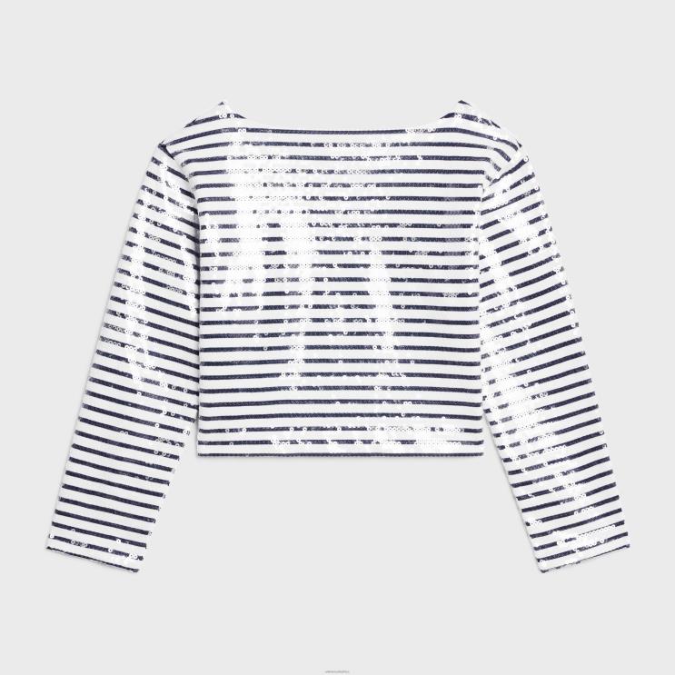 CELINE Off White/Navy Embroidered Mariniere in Cotton Jersey R0ZNN846