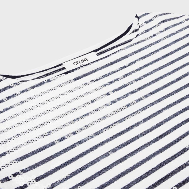 CELINE Off White/Navy Embroidered Mariniere in Cotton Jersey R0ZNN846