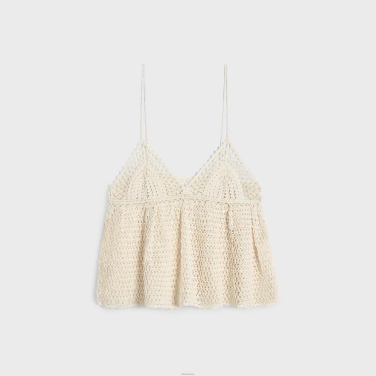 CELINE Off White Top With Thin Straps in Crocheted Cotton R0ZNN642