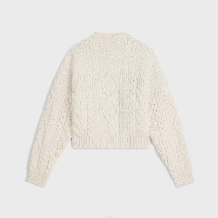 CELINE Off White Triomphe Crew Neck Sweater in Aran Wool R0ZNN565