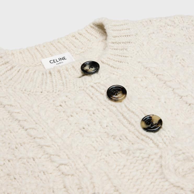 CELINE Off White Triomphe Crew Neck Sweater in Aran Wool R0ZNN565