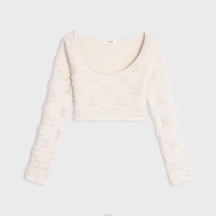 CELINE Off White Triomphe Crop Top in Cotton Boucle R0ZNN848