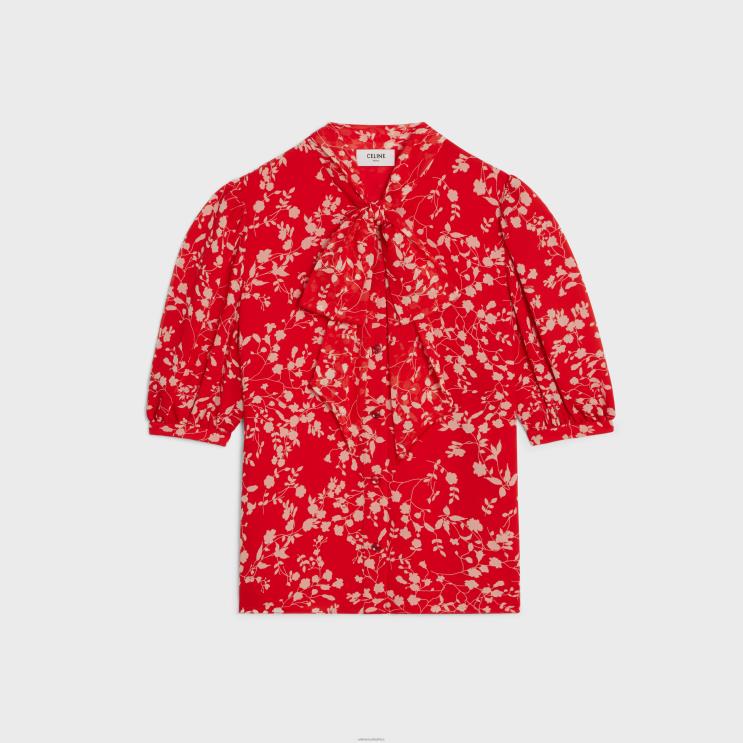 CELINE Rouge/Craie Lavalliere Blouse in Silk Georgette R0ZNN842