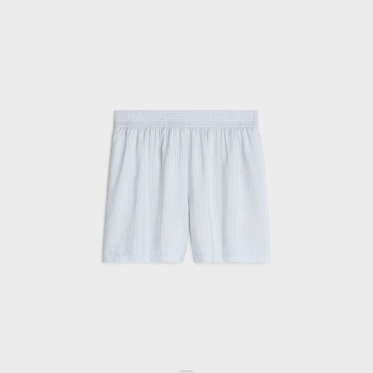 CELINE Blanc/Bleu Ciel Pyjama Shorts in Striped Silk R0ZNN887