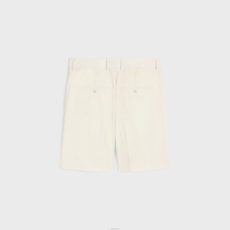 CELINE Ivoire/Noir Triple-Pleated Shorts in Striped Wool R0ZNN878
