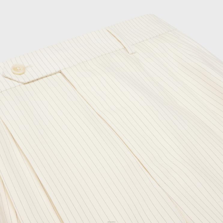 CELINE Ivoire/Noir Triple-Pleated Shorts in Striped Wool R0ZNN878