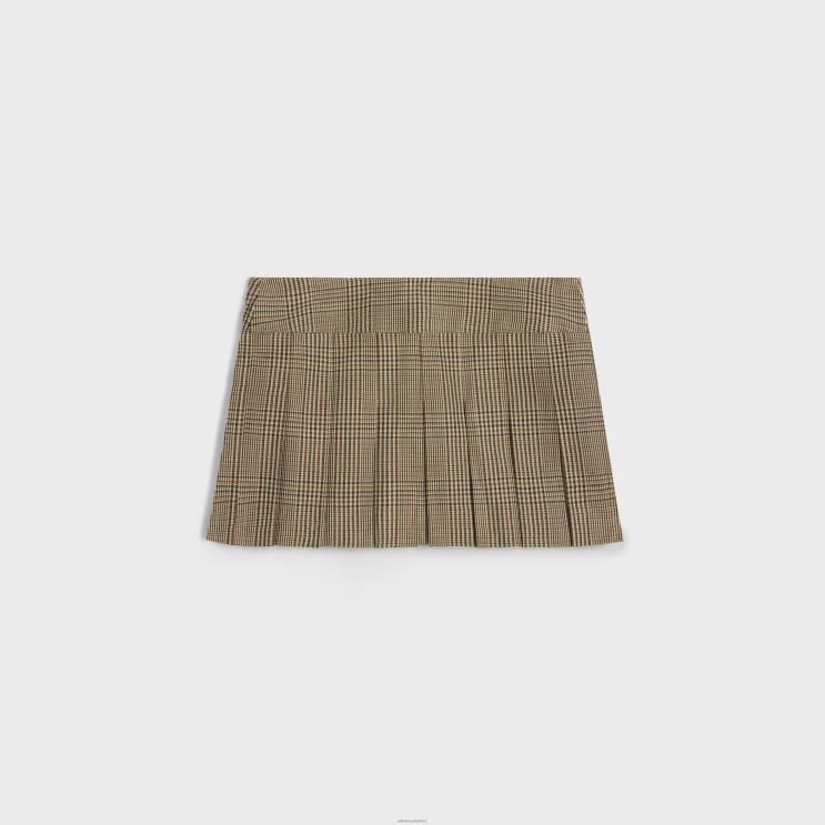 CELINE Beige/Marron/Toffee Pleated Bandeau Mini Skirt in Linen & Wool R0ZNN557