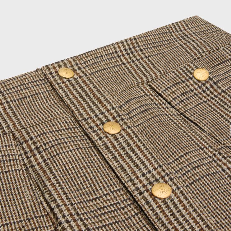 CELINE Beige/Marron/Toffee Pleated Bandeau Mini Skirt in Linen & Wool R0ZNN557