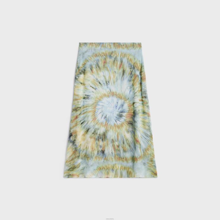 CELINE Blue Grunge/Terracotta/Khaki Midi Skirt in Silk Georgette R0ZNN586