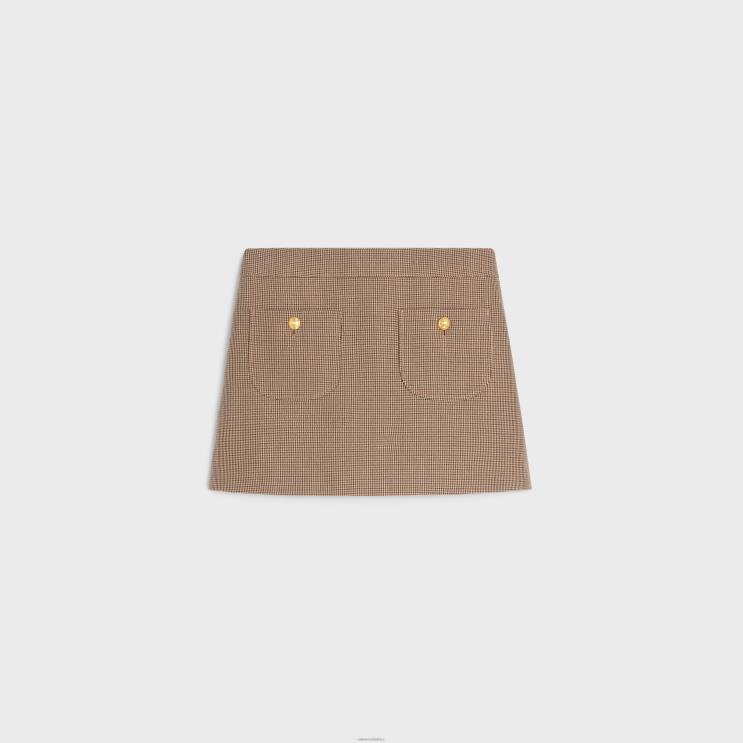 CELINE Bordeaux/Beige/Black Chelsea Trapeze Mini Skirt in Houndstooth Wool R0ZNN815