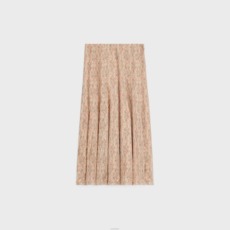 CELINE Craie/Abricot/Bleu Pleated Skirt in Viscose Georgette R0ZNN810