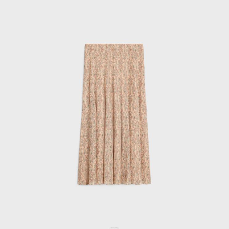 CELINE Craie/Abricot/Bleu Pleated Skirt in Viscose Georgette R0ZNN810