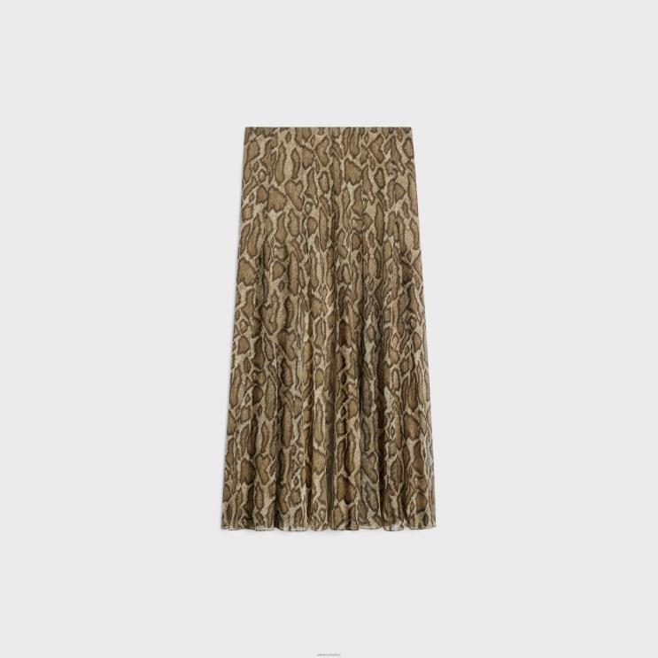 CELINE Khaki/Brun Pleated Skirt in Silk Georgette R0ZNN809