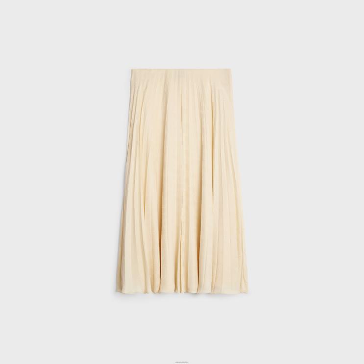 CELINE Metal Blanc Pleated Midi Skirt in Silk Jacquard R0ZNN812