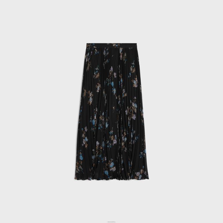 CELINE Noir/Bleu Skirt With Sunburst Pleats in Silk Georgette R0ZNN808