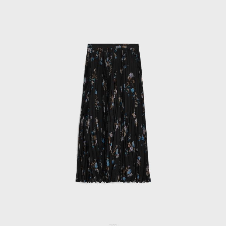 CELINE Noir/Bleu Skirt With Sunburst Pleats in Silk Georgette R0ZNN808