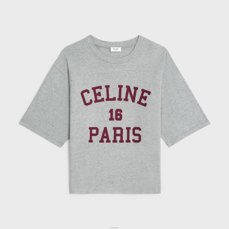 CELINE Grey Melange/Burgundy Paris T-Shirt in Cotton Jersey R0ZNN772