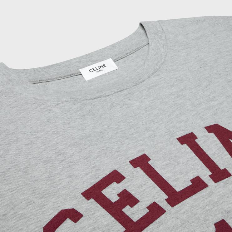 CELINE Grey Melange/Burgundy Paris T-Shirt in Cotton Jersey R0ZNN772