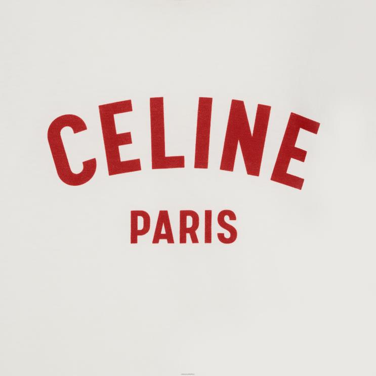 CELINE Off White/Deep Red Paris Boxy T-Shirt in Cotton Jersey R0ZNN777