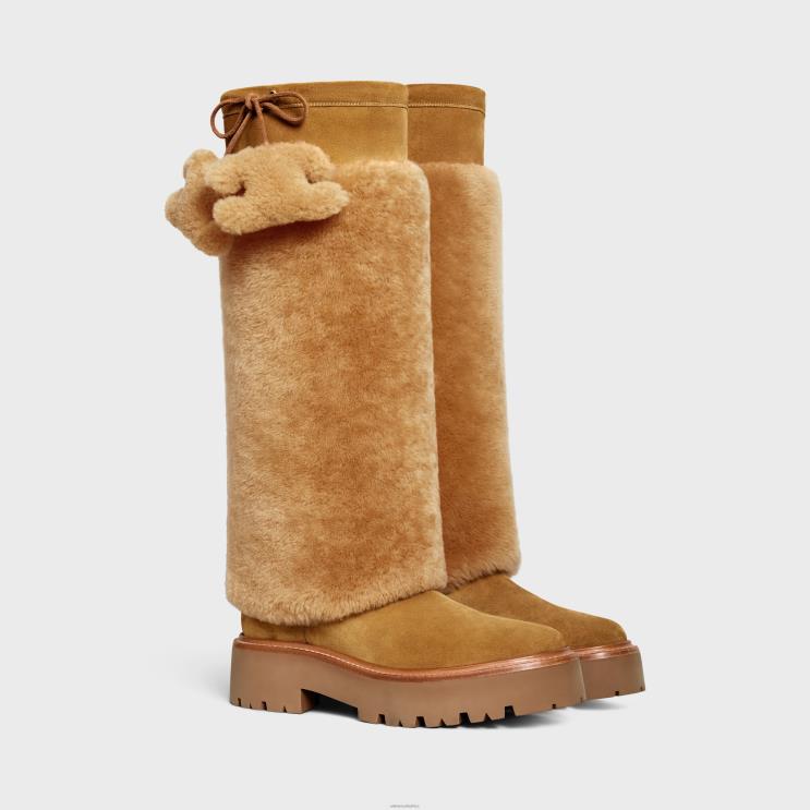 CELINE Cognac/Dark Havana Bulky High Boot With Triomphe Tassels in Shearling & Suede Calfskin R0ZNN932