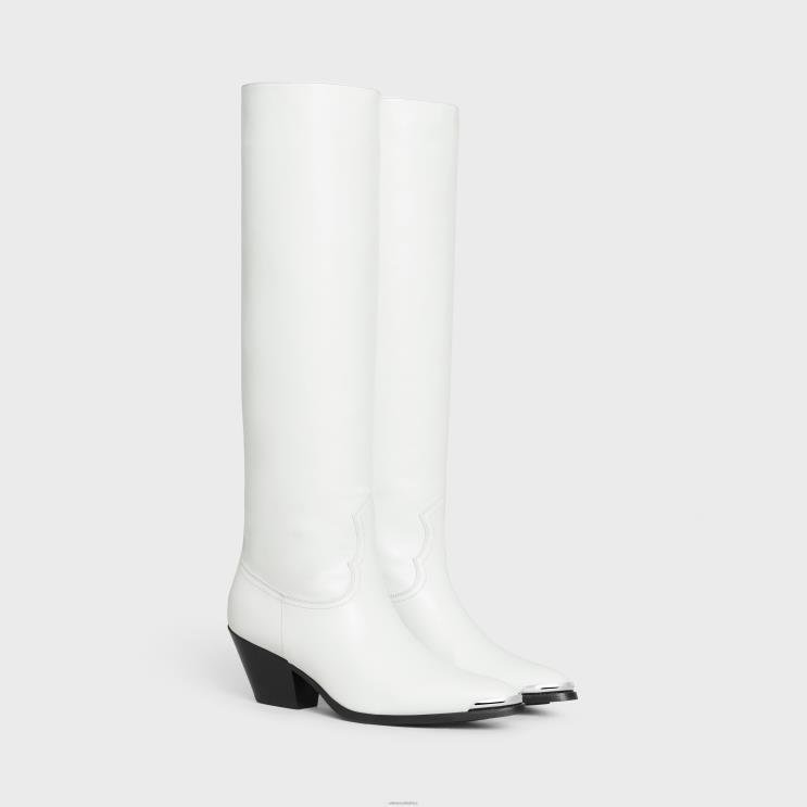 CELINE White Lola Boots High Western Boots With Metal Toe in Calfskin R0ZNN928