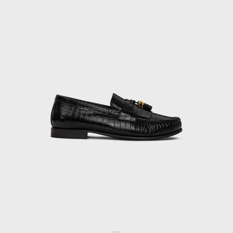 CELINE Black Luco Loafer With Triomphe Tassels in Crocodile Stamped Calfskin R0ZNN968