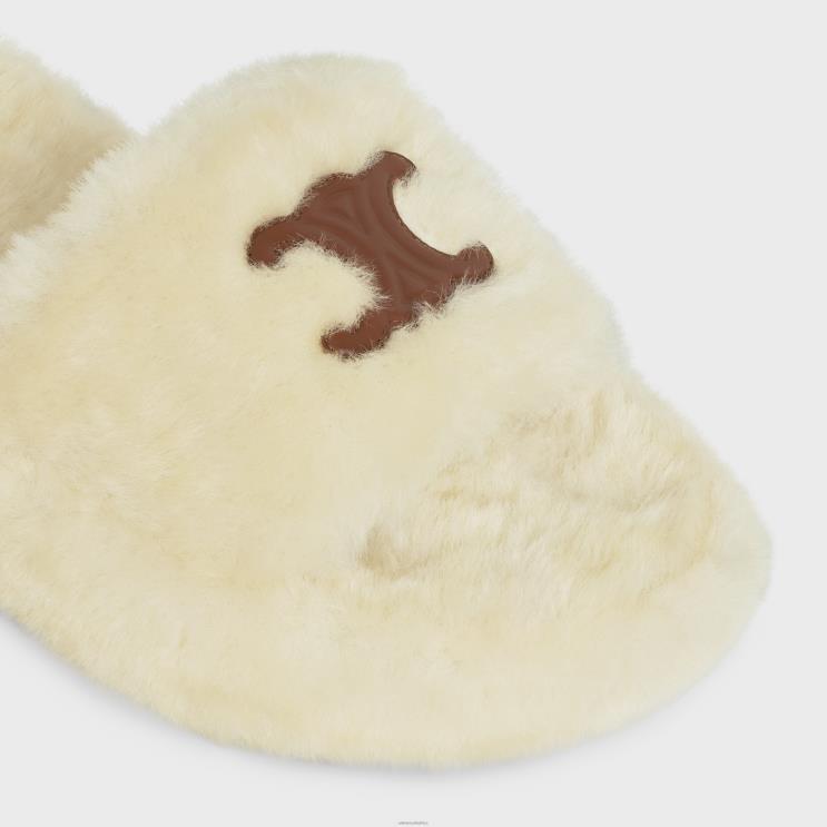 CELINE Beige Fur Slides in Shearling R0ZNN941