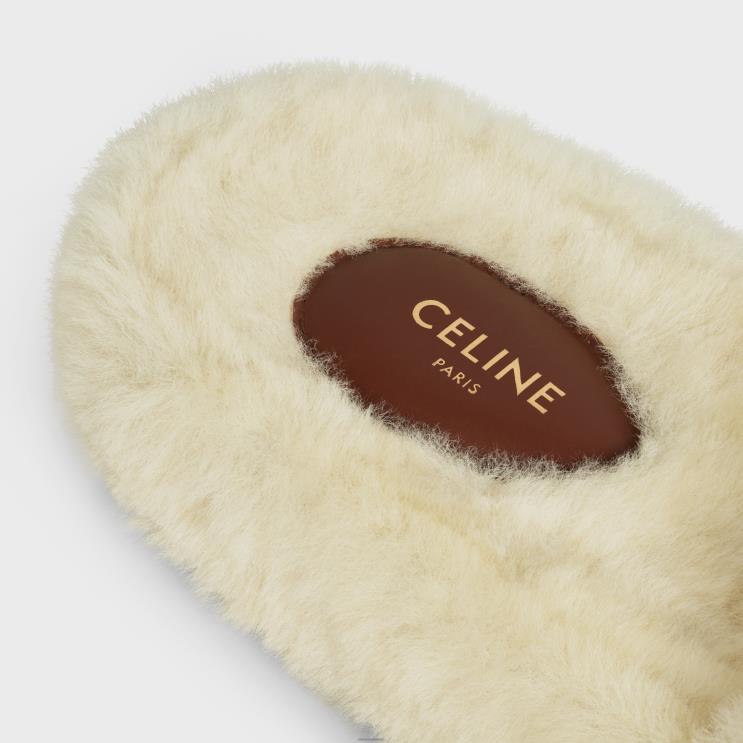 CELINE Beige Fur Slides in Shearling R0ZNN941
