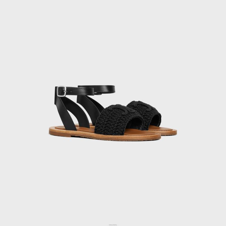 CELINE Black Lympia Sandal in Triomphe Maccrame Cotton & Calfskin R0ZNN935