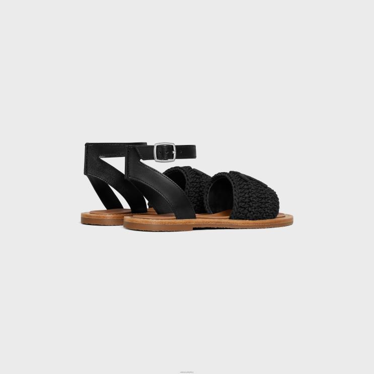 CELINE Black Lympia Sandal in Triomphe Maccrame Cotton & Calfskin R0ZNN935