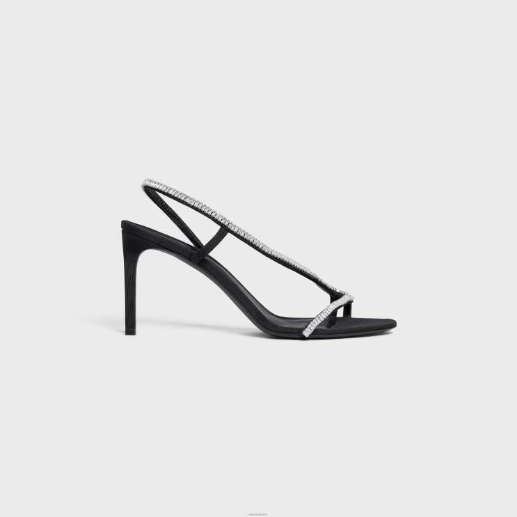 CELINE Black Soir Cross-Over Sandal in Gros Grain With Strass R0ZNN924