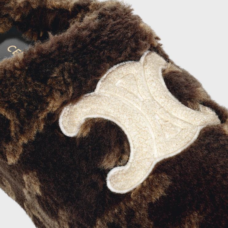CELINE Brown/Beige Fur Mule in Wool Triomphe Jacquard R0ZNN970