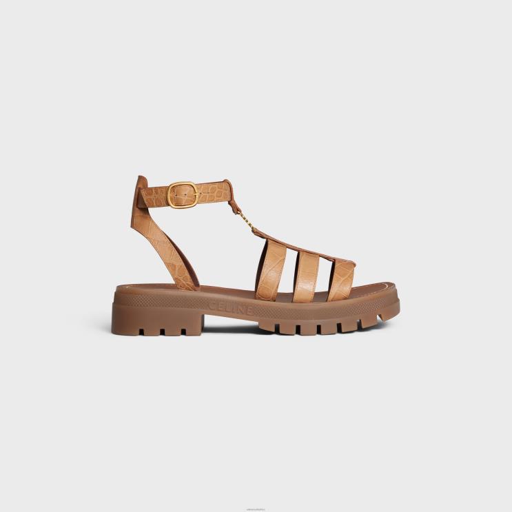 CELINE Light Caramel Clea Triomphe Gladiator Sandal in Crocodile Stamped Calfskin R0ZNN988