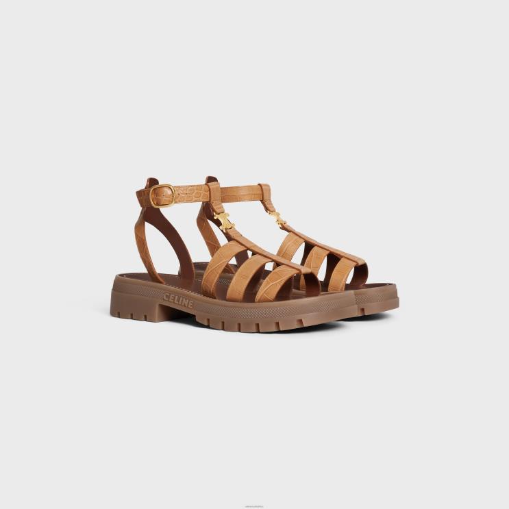CELINE Light Caramel Clea Triomphe Gladiator Sandal in Crocodile Stamped Calfskin R0ZNN988