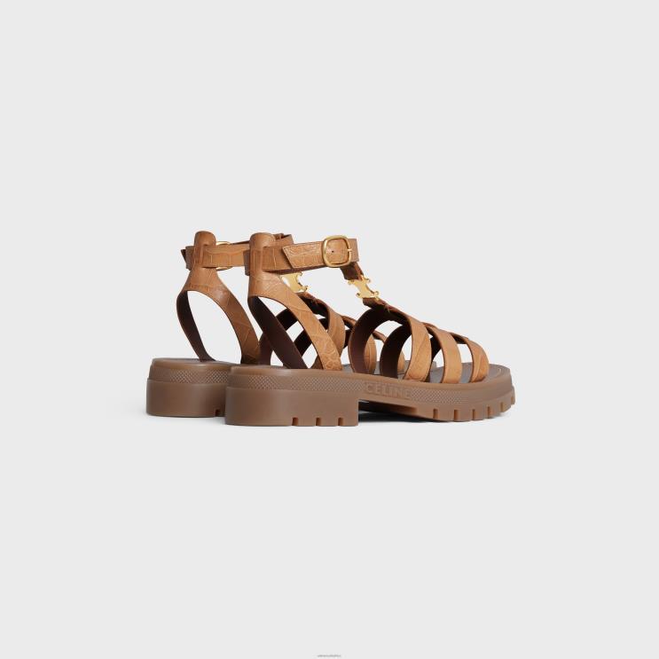 CELINE Light Caramel Clea Triomphe Gladiator Sandal in Crocodile Stamped Calfskin R0ZNN988