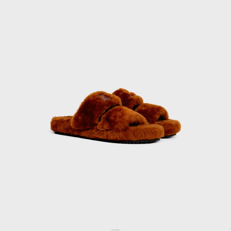 CELINE Rust Fur Slides Triomphe in Shearling R0ZNN971