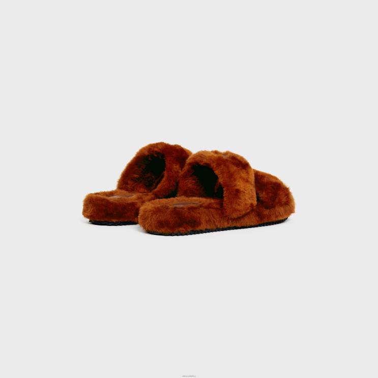 CELINE Rust Fur Slides Triomphe in Shearling R0ZNN971