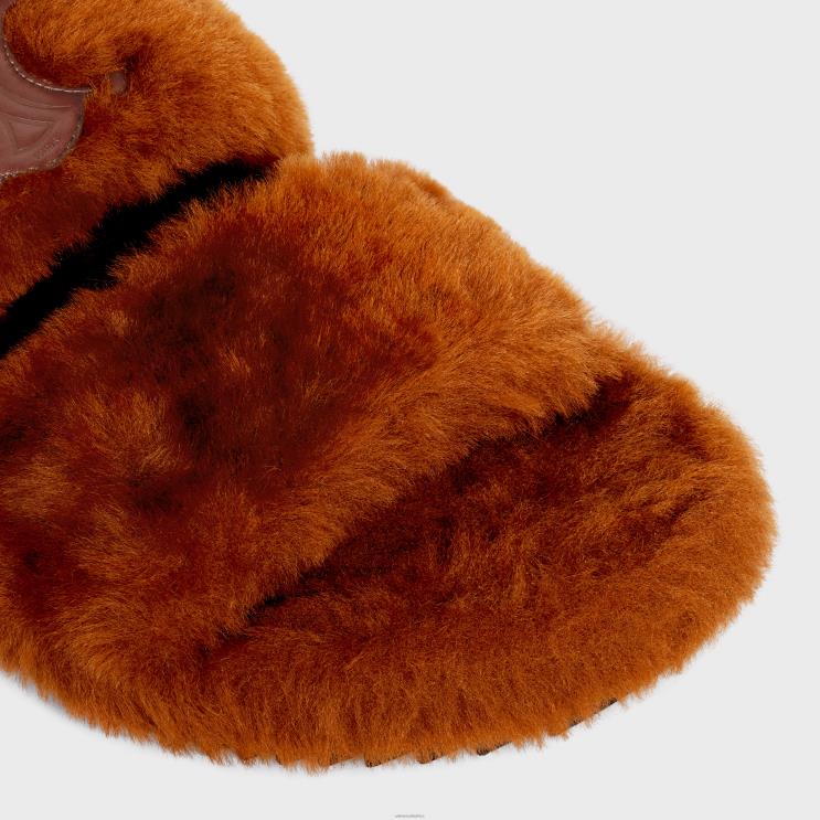 CELINE Rust Fur Slides Triomphe in Shearling R0ZNN971