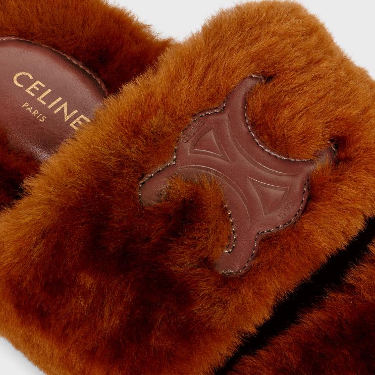 CELINE Rust Fur Slides Triomphe in Shearling R0ZNN971